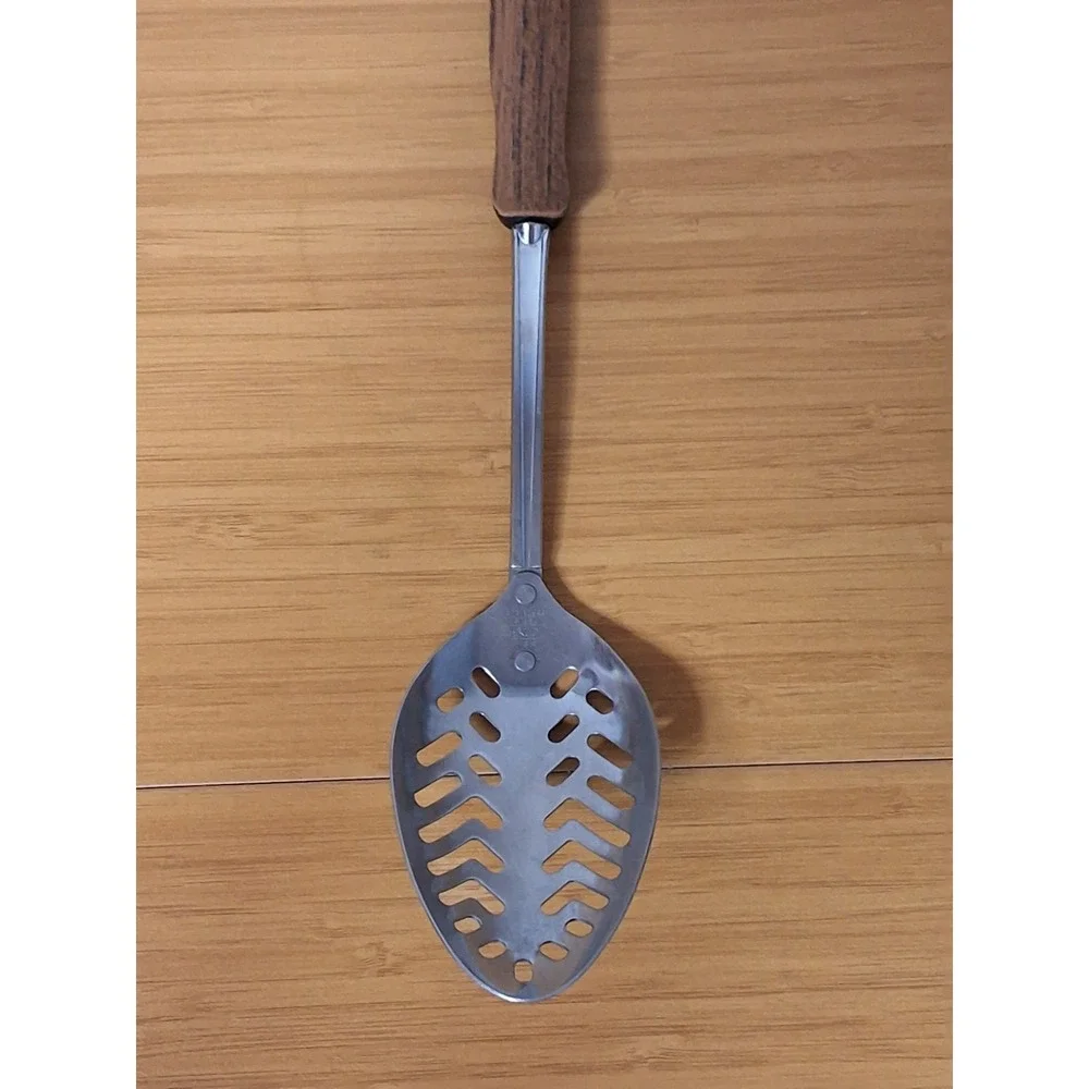 Vintage EKCO USA Stainless Steel Serving Spoon Utensil With Faux Wooden Handle